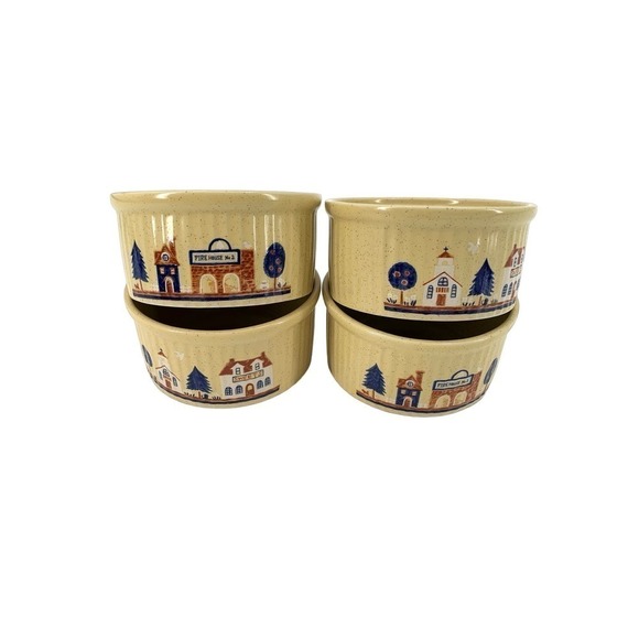 Vintage 80s Set of Four Ramekins Souffle Casserole Bowls Tan Country Village - Picture 1 of 11